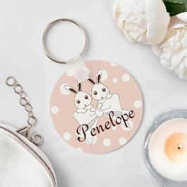 Pastel Pink Off-White Ribbon Niedlich Twin Bunny Schlüsselanhänger