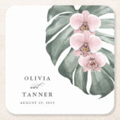 Pastel Pink Orchideen auf Monstera Tropische Hochz Rechteckiger Pappuntersetzer (Vorderseite)