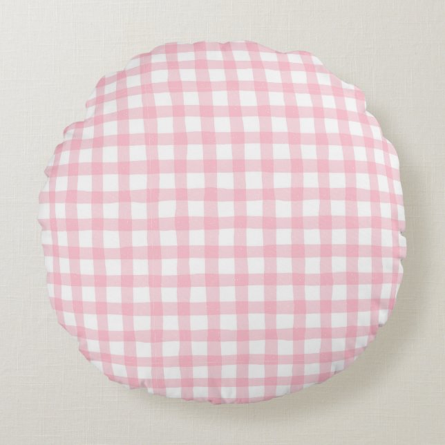 Pastel Pink Plaid – Soft Aesthetic Seamless Rundes Kissen (Vorderseite)