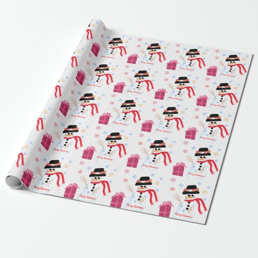 Pastel Pink Polka Dot mit Snowman Design Geschenkpapier (Ungerollt)