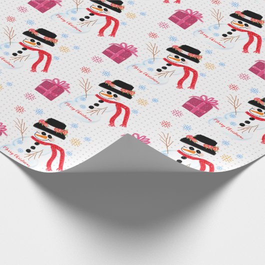 Pastel Pink Polka Dot mit Snowman Design Geschenkpapier (Ecke)