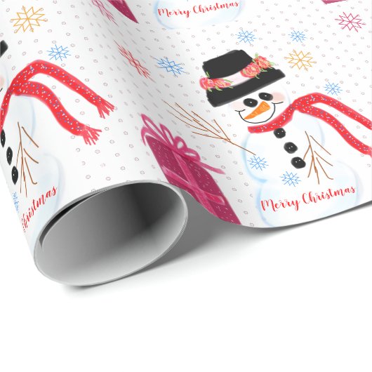 Pastel Pink Polka Dot mit Snowman Design Geschenkpapier (Rolleneckpunkt)