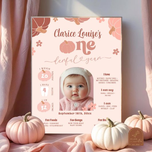 Pastel Pink Pumpkin 1. Geburtstag Foto Meilenstein Poster