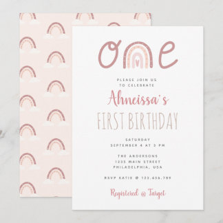Pastel Pink Rainbow Cloud Erster Geburtstag Einladung