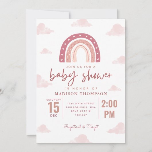 Pastel Pink Rainbow Clouds Girl Baby Shower Strip Einladung (Vorderseite)