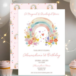 Pastel Pink Rainbow Floral 1. Geburtstag Einladung