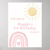 Pastel Pink Rainbow Sun 1. Geburtstag Begrüßungsze Poster (Vorne)