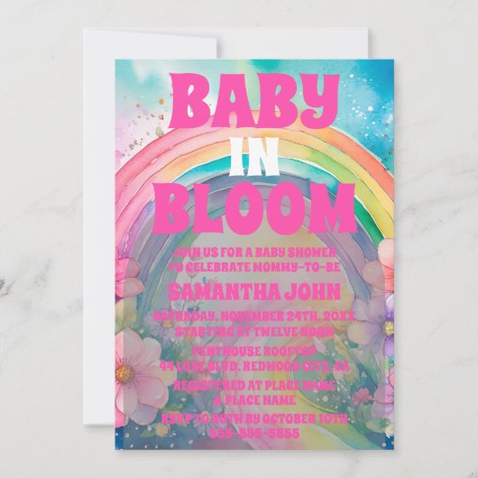 Pastel Pink Regenbogen und Blume Kinderdusche Einladung (Vorderseite)