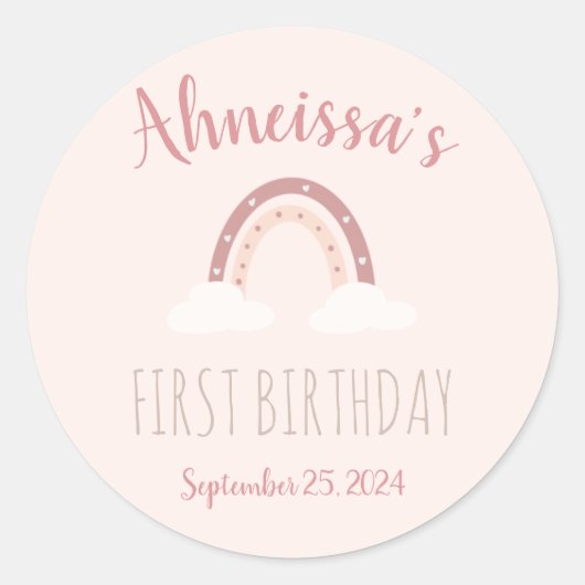 Pastel Pink Regenbogen und Wolken Erster Geburtsta Runder Aufkleber (Vorderseite)