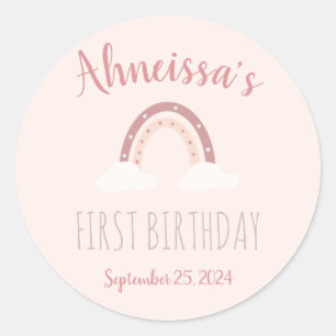 Pastel Pink Regenbogen und Wolken Erster Geburtsta Runder Aufkleber