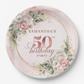 Pastel Pink Rose Gold Blush Flowers 50th Birthday Pappteller (Vorderseite)