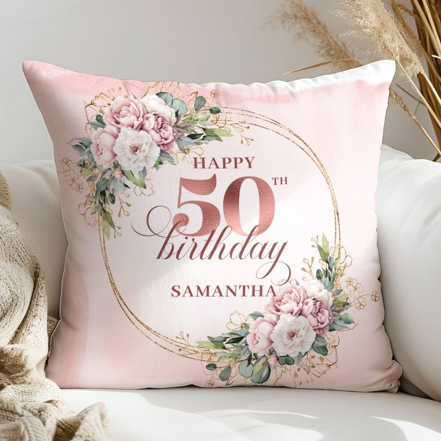 Pastel Pink Rose Gold Greenery 50th Birthday Gift Kissen (Pastel Pink Rose Gold Greenery 50th Birthday Pillow Gift)