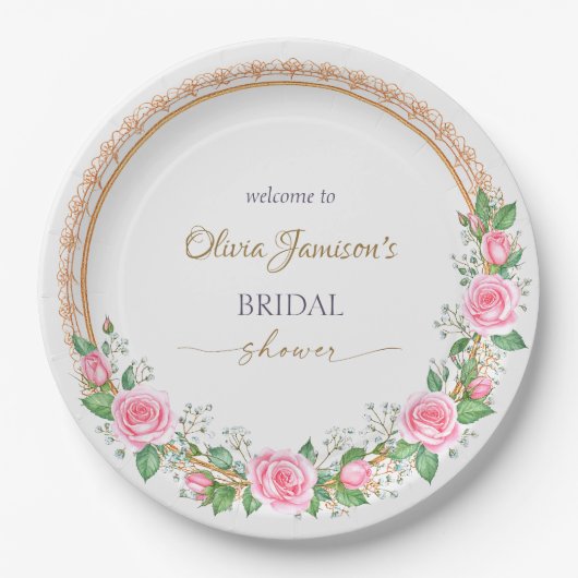 Pastel Pink Roses & Baby’s Breath Bridal Wreath Pappteller (Vorderseite)