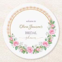 Pastel Pink Roses & Baby's Breath Bridal Wreath Runder Pappuntersetzer