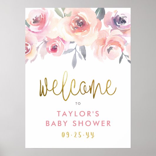 Pastel Pink Roses & Greenery Kinderdusche Willkomm Poster (Vorne)