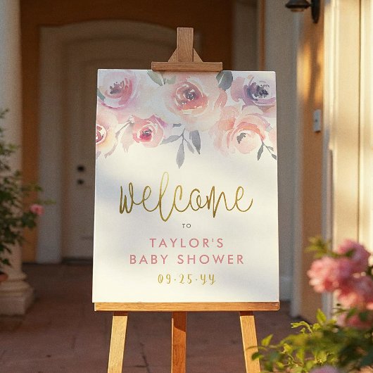 Pastel Pink Roses & Greenery Kinderdusche Willkomm Poster