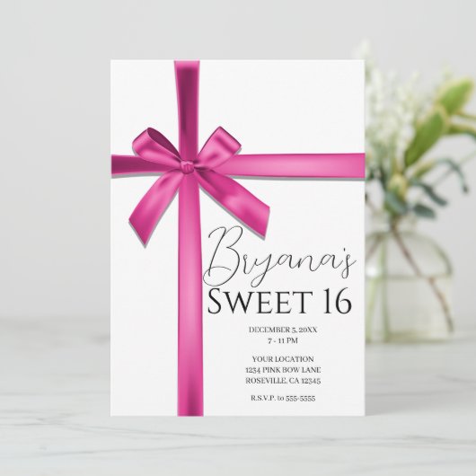 Pastel Pink Satin Ribbon Bow Sweet 16 Party Einladung (Stehend Vorderseite)