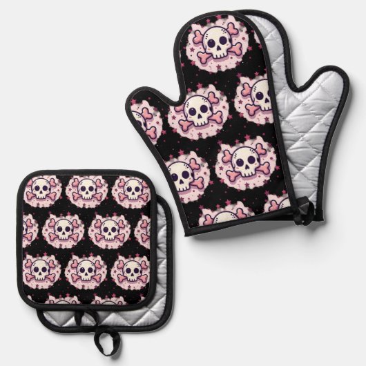 Pastel Pink Skull and Crossbones Ofenhandschuh & Topflappen-Set (Vorderseite/Rückseite)