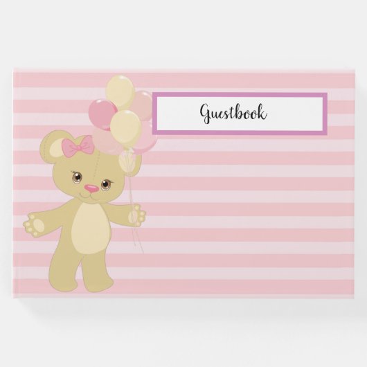 PASTEL PINK STREIFEN MIT TAN TEDDY BEAR & BALLOONS GÄSTEBUCH (Vorderseite)