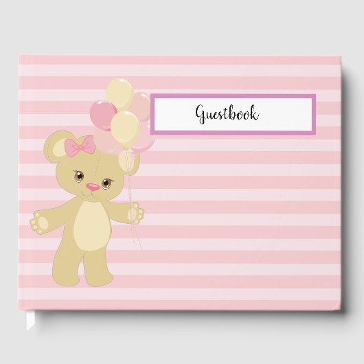 PASTEL PINK STREIFEN MIT TAN TEDDY BEAR & BALLOONS GÄSTEBUCH (Vorderseite)