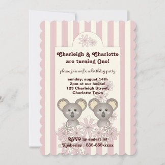 Pastel Pink Stripe Baby Koala Twin Girl Geburtstag Einladung
