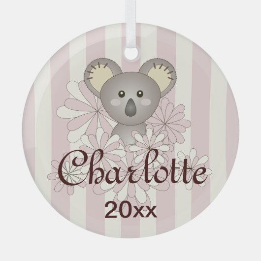 Pastel Pink Stripe Niedlich Baby Koala Girl Ornament Aus Glas (Vorderseite)