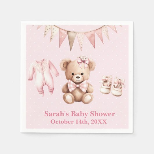 Pastel Pink Teddy Bear Baby Shower Paper Napkin Serviette (Vorderseite)
