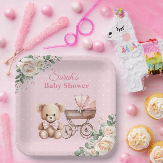 Pastel Pink Teddy Bear Baby Shower Paper Plate Pappteller (Party)