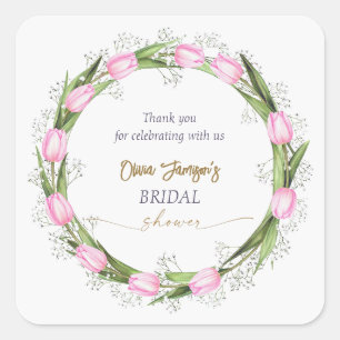 Pastel Pink Tulip & Baby's Breath Bridal Wreath Quadratischer Aufkleber