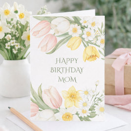 Pastel Pink Tulips Daffodils Floral Birthday Card Karte