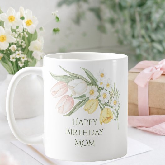 Pastel Pink Tulips Daffodils Floral Birthday Mug Kaffeetasse