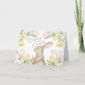 Pastel Pink Tulips & Yellow Daffodils Happy Easter Karte (Vorderseite)