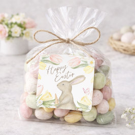 Pastel Pink Tulips & Yellow Daffodils Happy Easter Quadratischer Aufkleber