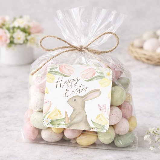 Pastel Pink Tulips & Yellow Daffodils Happy Easter Quadratischer Aufkleber