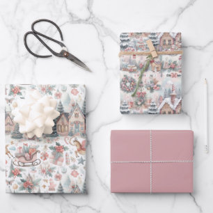 Pastel Pink und Blau Weihnachtshäuser und Rentier Geschenkpapier Set