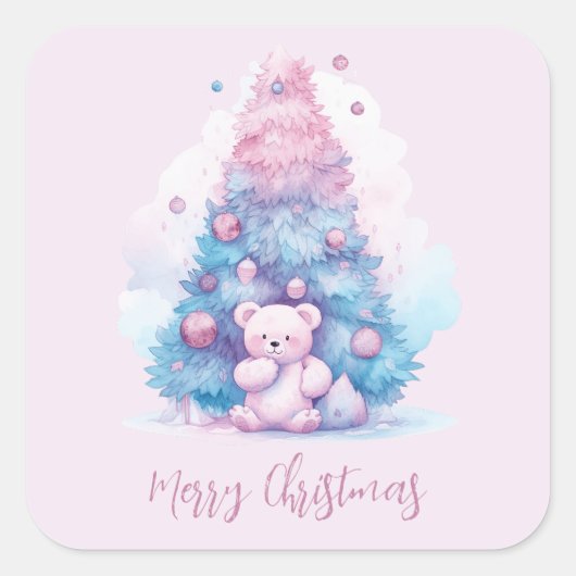 Pastel Pink und Blue Teddy Bären Weihnachtsbaum Quadratischer Aufkleber (Vorderseite)