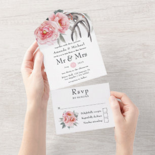 Pastel Pink und Gray Boho Blumenhochzeit All In One Einladung