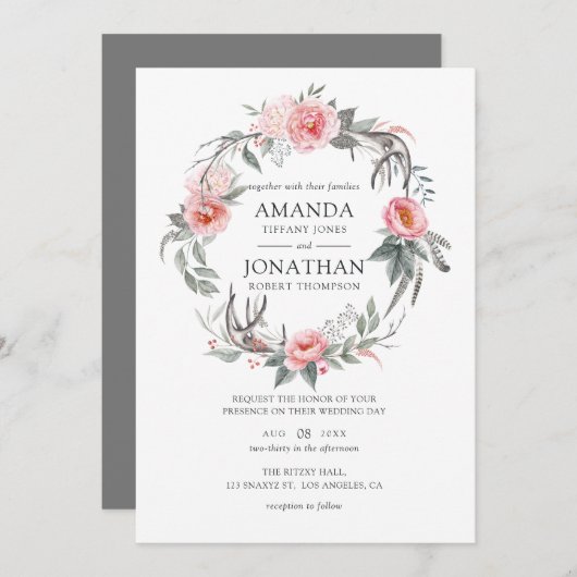 Pastel Pink und Gray Boho Blumenhochzeit Einladung (Vorne/Hinten)