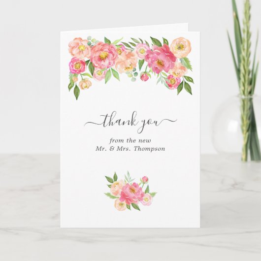 Pastel Pink Wasserfarbenpeonies Hochzeitliches Fot Dankeskarte (Vorderseite)
