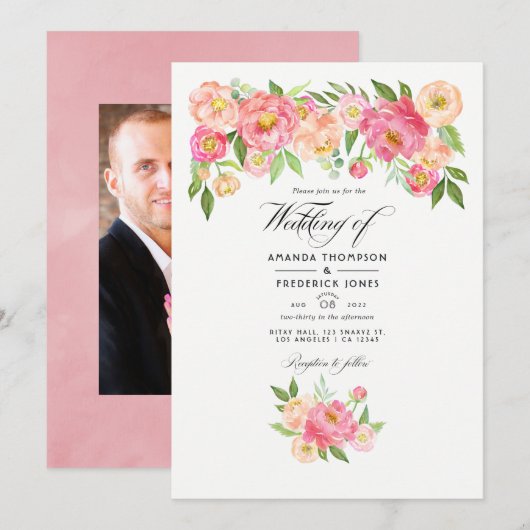 Pastel Pink Wasserfarbenpeonies Hochzeitliches Fot Einladung (Vorne/Hinten)