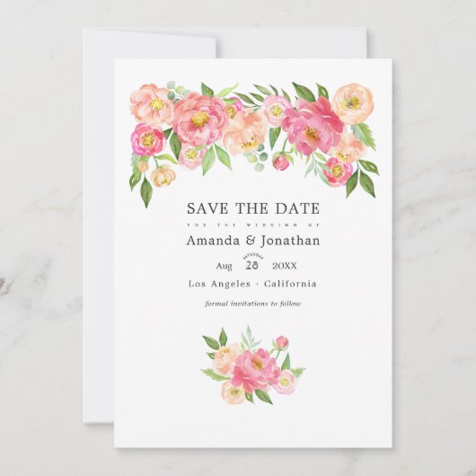 Pastel Pink Wasserfarbenpeonies Hochzeitliches Fot Save The Date (Vorderseite)