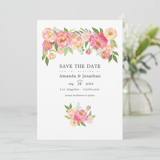 Pastel Pink Wasserfarbenpeonies Hochzeitliches Fot Save The Date (Stehend Vorderseite)
