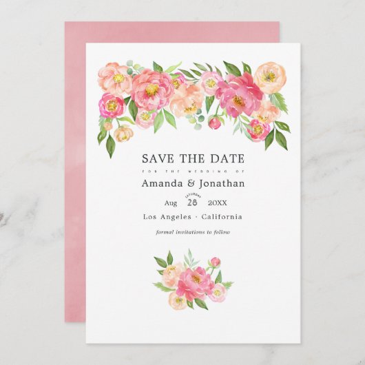 Pastel Pink Wasserfarbenpeonies Hochzeitliches Fot Save The Date (Vorne/Hinten)