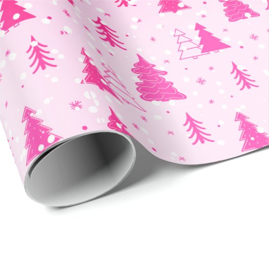 Pastel Pink Weihnachtsbaum Falling Schnee elegant Geschenkpapier (Rolleneckpunkt)