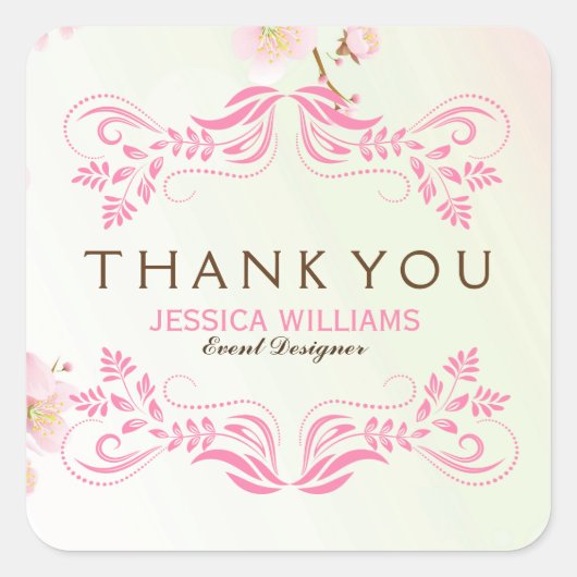 Pastel Pink & White Cherry Blossom Vielen Dank Quadratischer Aufkleber (Vorderseite)
