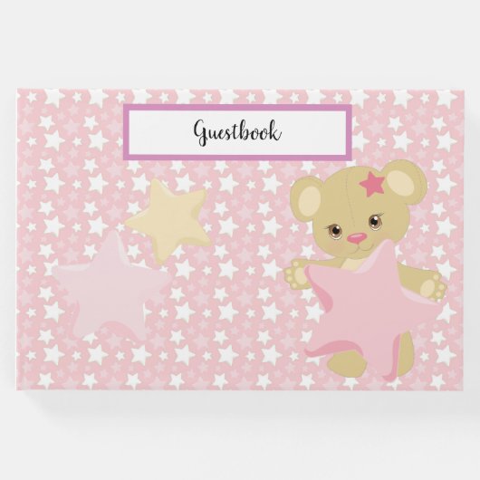 PASTEL PINK & WHITE STARS & TAN TEDDY BEAR GÄSTEBUCH (Vorderseite)