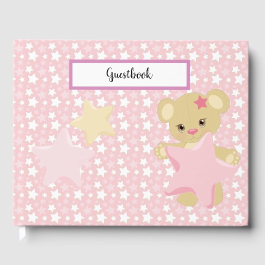 PASTEL PINK & WHITE STARS & TAN TEDDY BEAR GÄSTEBUCH (Vorderseite)
