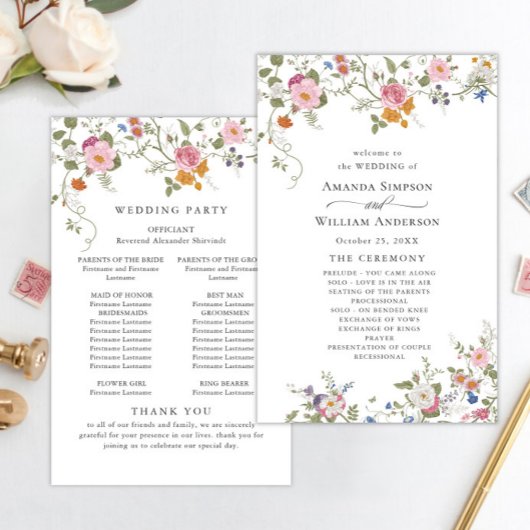 Pastel Pink Wild Blume Hochzeitsprogramm