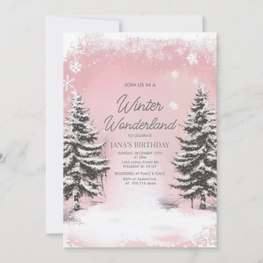 Pastel Pink Winter Wonderland Birthday Party Einladung (Vorderseite)