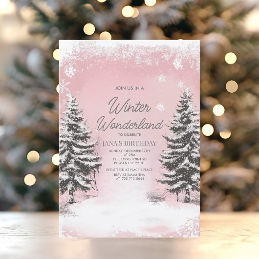 Pastel Pink Winter Wonderland Birthday Party Einladung
